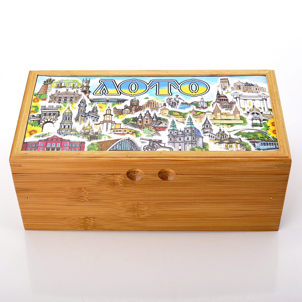 Настольная игра Лото Города Украины в деревянном сундуке с деревянными бочками